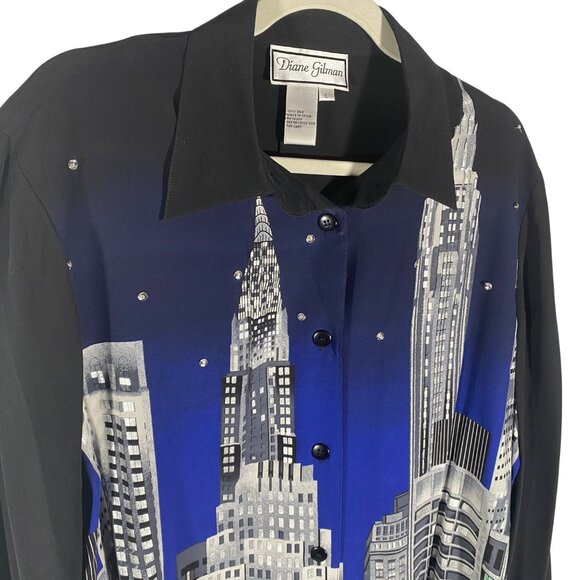 Diane Gilman vintage Silk Cityscape artsy sequin metallic Button-Up tunic top - Picture 2 of 9